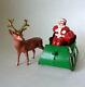 Vintage 1940's Cast Lead Barclay Seated Santa With Toy Sack Sleigh And Reindeer