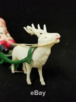 Vintage 1940's Celluloid Santa & Reindeer with Sleigh Wind Up Toy