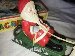 Vintage 1940's Celluloid Santa in Metal Sleigh Pulled by Reindeer Occupied Japan