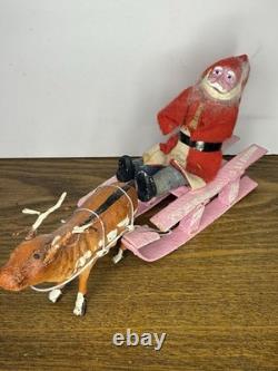 Vintage 1940's Santa Japan, Hand Painted Clay Face Santa on Sled, Reindeer