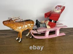 Vintage 1940's Santa Japan, Hand Painted Clay Face Santa on Sled, Reindeer