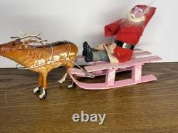 Vintage 1940's Santa Japan, Hand Painted Clay Face Santa on Sled, Reindeer