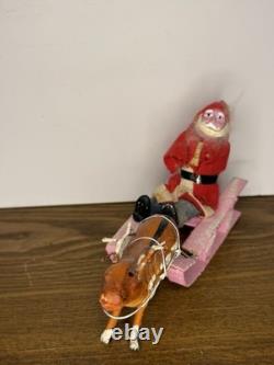 Vintage 1940's Santa Japan, Hand Painted Clay Face Santa on Sled, Reindeer