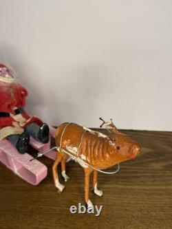 Vintage 1940's Santa Japan, Hand Painted Clay Face Santa on Sled, Reindeer