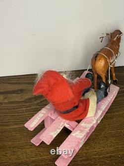 Vintage 1940's Santa Japan, Hand Painted Clay Face Santa on Sled, Reindeer