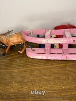 Vintage 1940's Santa Japan, Hand Painted Clay Face Santa on Sled, Reindeer