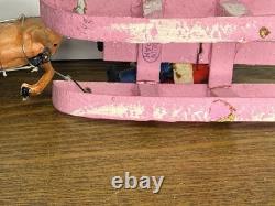 Vintage 1940's Santa Japan, Hand Painted Clay Face Santa on Sled, Reindeer