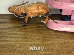 Vintage 1940's Santa Japan, Hand Painted Clay Face Santa on Sled, Reindeer