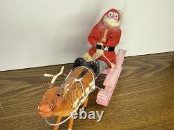 Vintage 1940's Santa Japan, Hand Painted Clay Face Santa on Sled, Reindeer