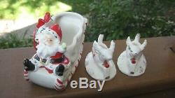Vintage 1950's Ucagco Japan Candy Cane Santa Sleigh Planter Dish withTwo Reindeer