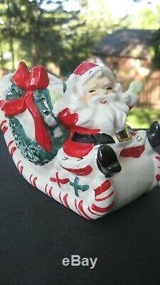 Vintage 1950's Ucagco Japan Candy Cane Santa Sleigh Planter Dish withTwo Reindeer