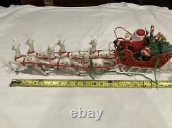 Vintage 1950s Christmas Plastic Santa & 6 Reindeer & felt sleigh 20