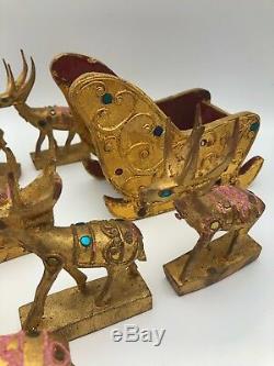 Vintage 1950s Gold Leaf Wood Reindeer& Sled Sleigh Handmade in Thailand