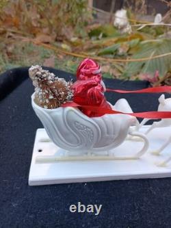 Vintage 1950s Santa And Sleigh With 8 Reindeer And Bottle Brush Christmas