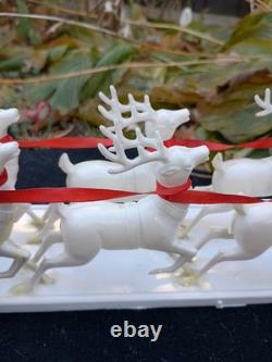 Vintage 1950s Santa And Sleigh With 8 Reindeer And Bottle Brush Christmas