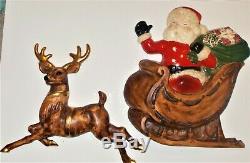 Vintage 1950s Santa in Sleigh & Reindeer Wall Plaques Spagehtti Trim As Found