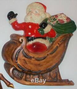 Vintage 1950s Santa in Sleigh & Reindeer Wall Plaques Spagehtti Trim As Found