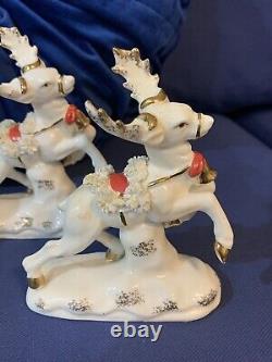 Vintage 1956 Napco Santa Sleigh Planter 2 Reindeer Figurines Japan Rare