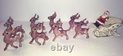 Vintage 1960s Mid-Century Santa & Sleigh, Holland Mold & 8 Reindeer Handpainted