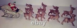 Vintage 1960s Mid-Century Santa & Sleigh, Holland Mold & 8 Reindeer Handpainted