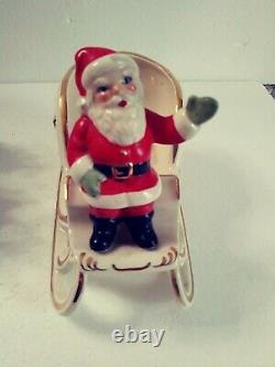 Vintage 1960s Mid-Century Santa & Sleigh, Holland Mold & 8 Reindeer Handpainted