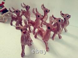 Vintage 1960s Mid-Century Santa & Sleigh, Holland Mold & 8 Reindeer Handpainted