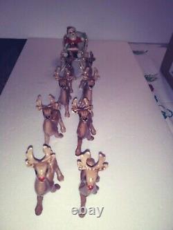 Vintage 1960s Mid-Century Santa & Sleigh, Holland Mold & 8 Reindeer Handpainted