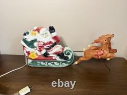 Vintage 1970 Empire Blow Mold Santa In Sleigh With Two Reindeer Table Top