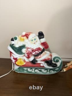 Vintage 1970 Empire Blow Mold Santa In Sleigh With Two Reindeer Table Top