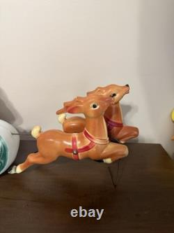 Vintage 1970 Empire Blow Mold Santa In Sleigh With Two Reindeer Table Top