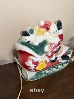 Vintage 1970 Empire Blow Mold Santa In Sleigh With Two Reindeer Table Top