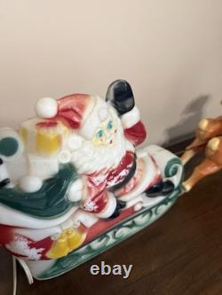 Vintage 1970 Empire Blow Mold Santa In Sleigh With Two Reindeer Table Top