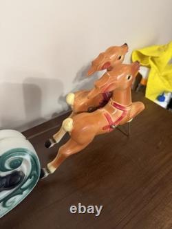 Vintage 1970 Empire Blow Mold Santa In Sleigh With Two Reindeer Table Top