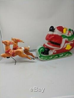 Vintage 1970 Empire Plastic Santa In Sleigh with Reindeer Blowmold Works