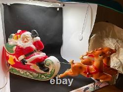 Vintage 1970 Empire Santa Sleigh And 2 Reindeer Lighted Tabletop Blow Mold