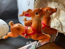 Vintage 1970 Empire Santa Sleigh And 2 Reindeer Lighted Tabletop Blow Mold