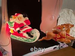 Vintage 1970 Empire Santa Sleigh And 2 Reindeer Lighted Tabletop Blow Mold