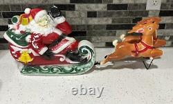Vintage 1970 Empire Tabletop Santa Sleigh 2 Reindeer Blow Mold Christmas Read
