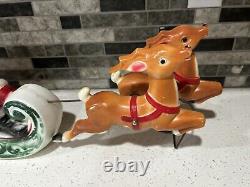 Vintage 1970 Empire Tabletop Santa Sleigh 2 Reindeer Blow Mold Christmas Read