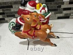 Vintage 1970 Empire Tabletop Santa Sleigh 2 Reindeer Blow Mold Christmas Read