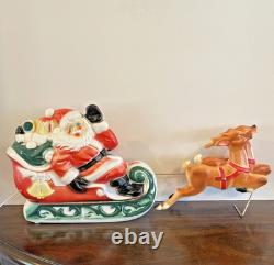Vintage 1970 Lighted Empire Blow Mold Santa Sleigh 2 Reindeer New Cord Works