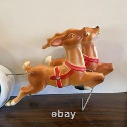 Vintage 1970 Lighted Empire Blow Mold Santa Sleigh 2 Reindeer New Cord Works