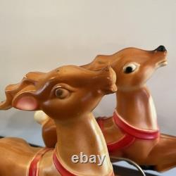 Vintage 1970 Lighted Empire Blow Mold Santa Sleigh 2 Reindeer New Cord Works