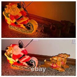Vintage 1970 Lighted Empire Blow Mold Santa withSleigh & 2 Reindeer 24 Long