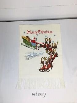 Vintage 1980 Santa Claus Sleigh Needlepoint Christmas Reindeer Flag Wall Hanging