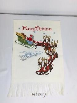 Vintage 1980 Santa Claus Sleigh Needlepoint Christmas Reindeer Flag Wall Hanging