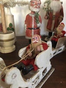 Vintage Antique Japan Santa in Cardboard Sleigh Celluloid Reindeer on Platform