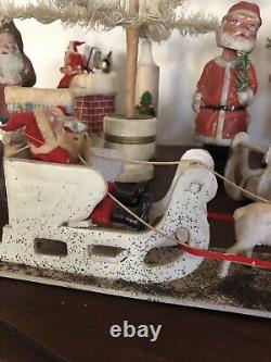 Vintage Antique Japan Santa in Cardboard Sleigh Celluloid Reindeer on Platform