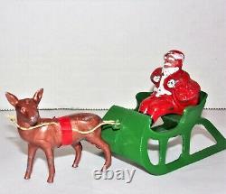 Vintage Barclay Toy Lead Santa With Toy Bag In Sleigh & Reindeer