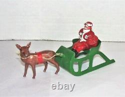 Vintage Barclay Toy Lead Santa With Toy Bag In Sleigh & Reindeer